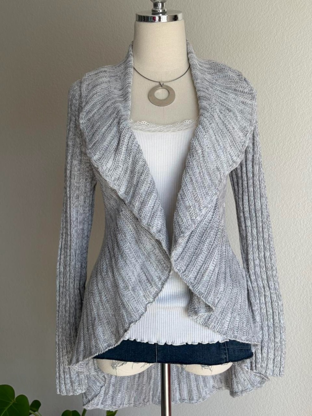 Apt. 9 Light Gray Ribbed Cascade Open-Front Cardigan